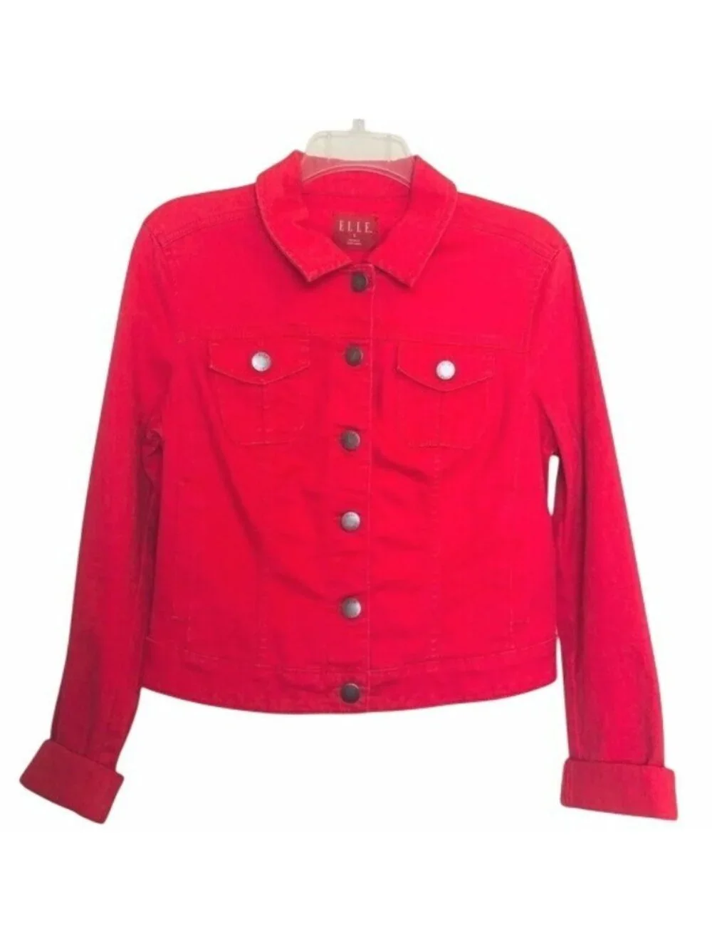 Elle Denim Jean Jacket Womens Small Coral Pink Button Down Pockets Long Sleeve